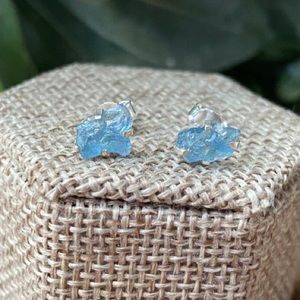 Rough Aquamarine Sterling Silver Stud Earrings Raw Prong Set Blue Crystal Studs
